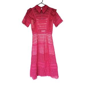 Xueyuanfeng Red Heart Lace Short Sleeve Collared Fit and Flare Dress M